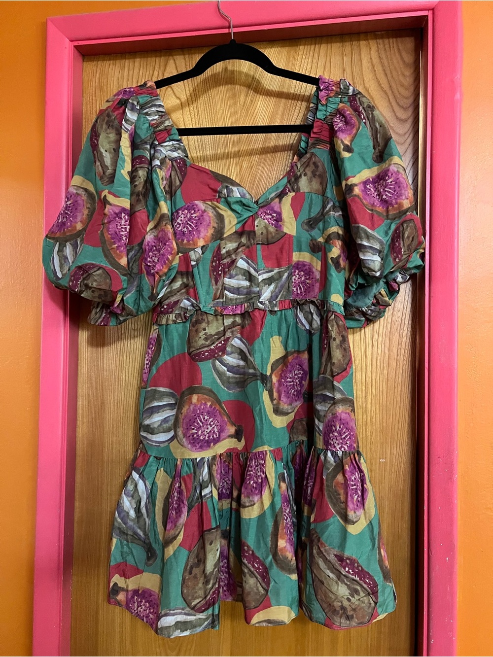 FARM Rio Green, Pink & Brown Puff-Sleeve Tiered Mini Dress